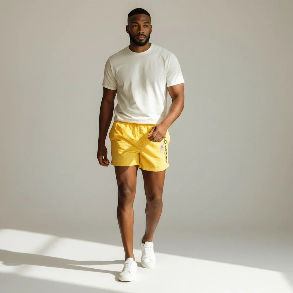 Polo Sport Ralph Lauren Yellow Nylon Swim Trunks Men Large Vintage Shorts